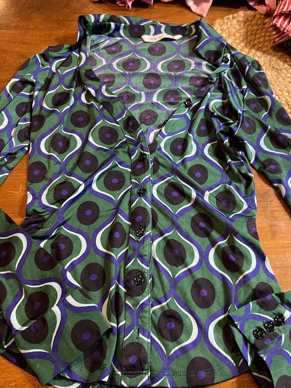 Zara Green, Purple & Black Geometric Button-Up Top